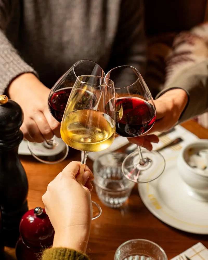 Two people toasting with glasses of wine at a table